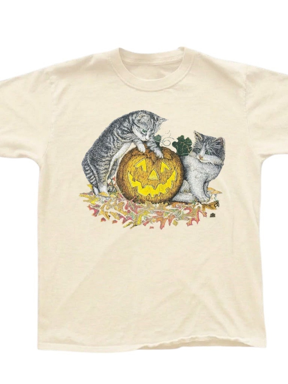 Cream Short-Sleeve Tee with Cats & Jack-O'-Lantern Graphic, Gift for Her, Him